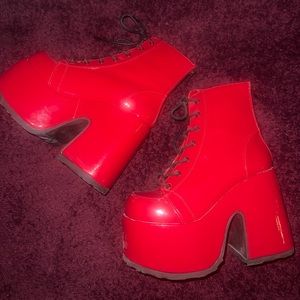 Demonia Goth Vibrant Cherry Red Lace Up Platform Shiny Boots